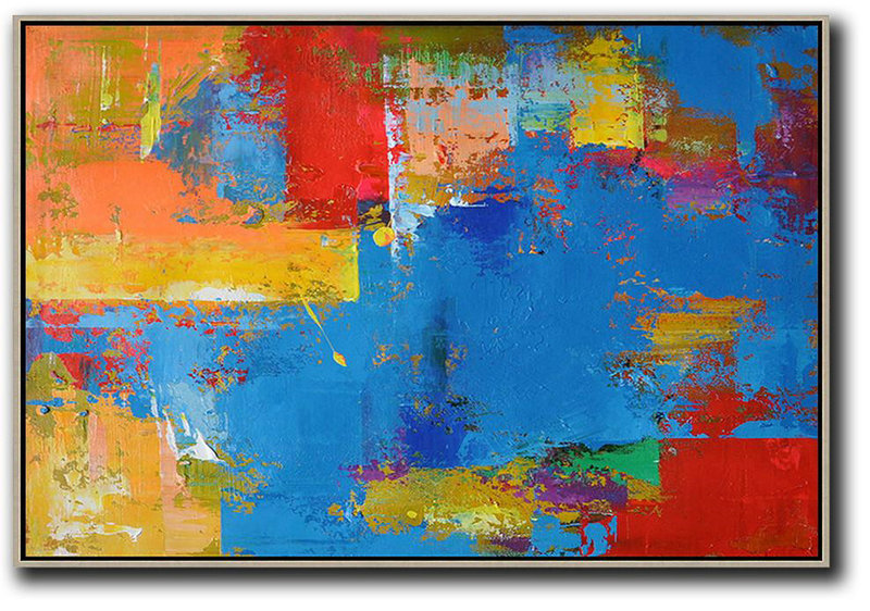 Extra Large Painting,Horizontal Palette Knife Contemporary Art,Original Art For Sale By Artist,Blue,Red,Yellow,Orange.etc